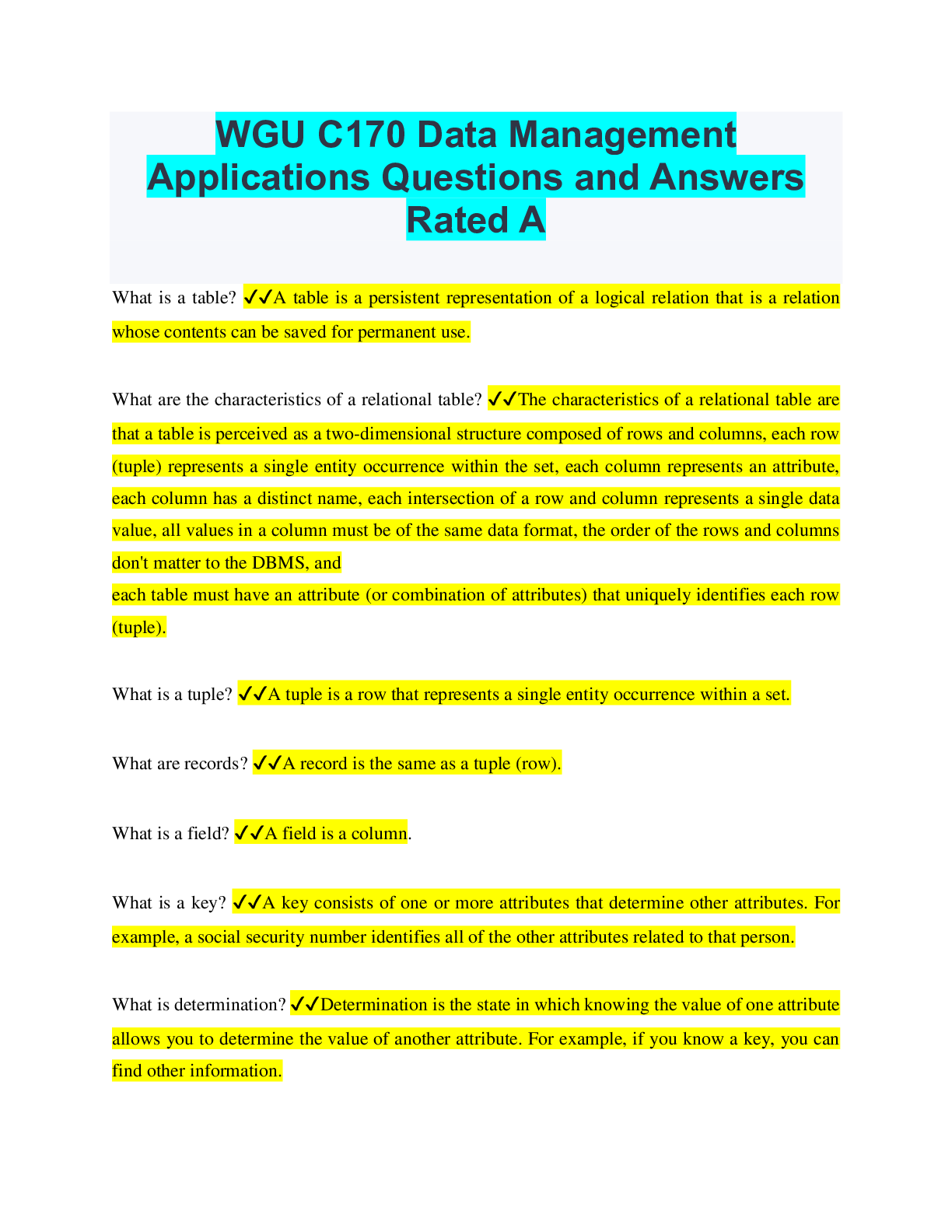 Preview of WGU C170 Data Management Applications Questions and Answers Rated A